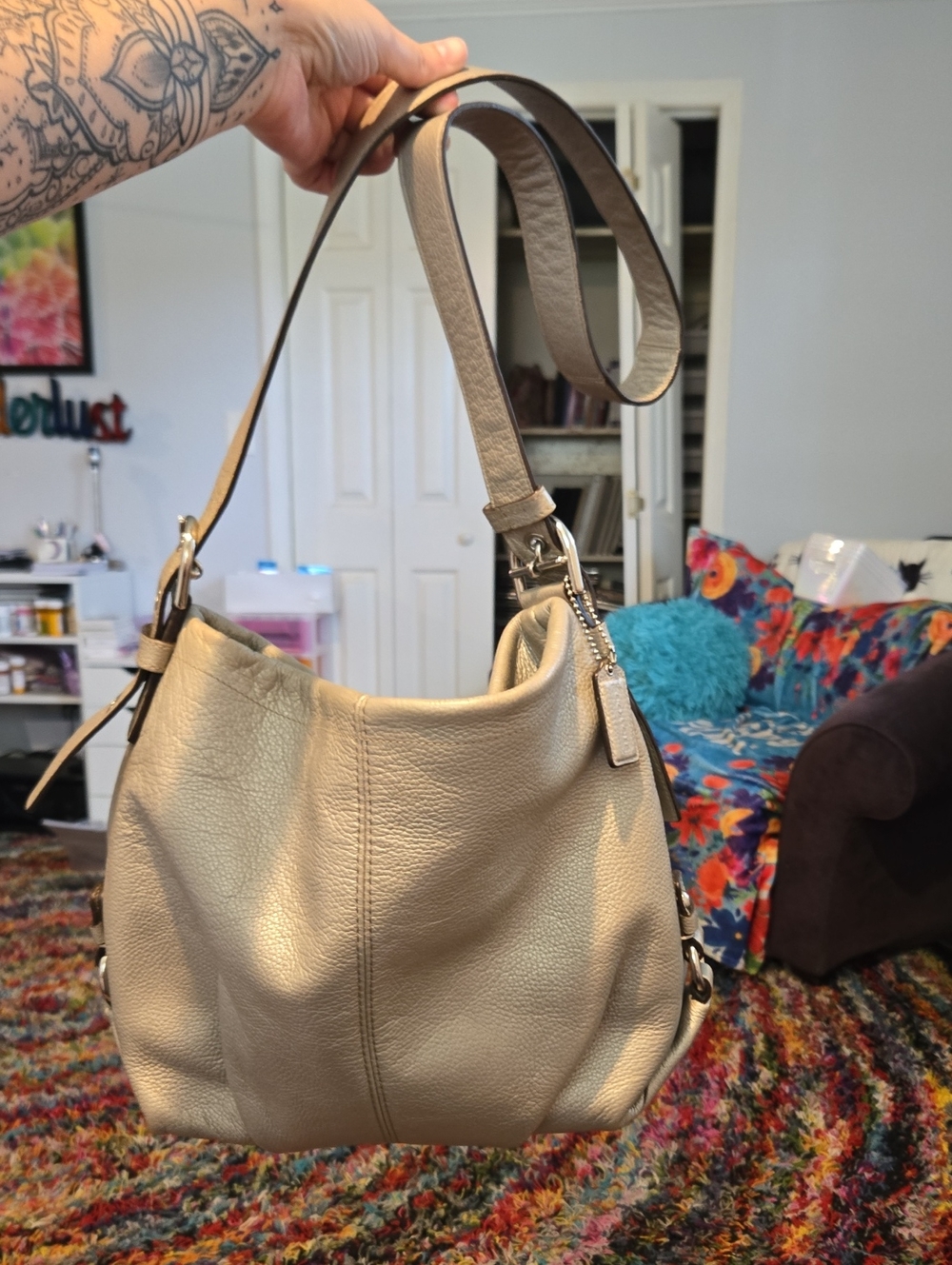 Coach Pebbled Leather Hobo Bag In Slightly Metallic Taupe